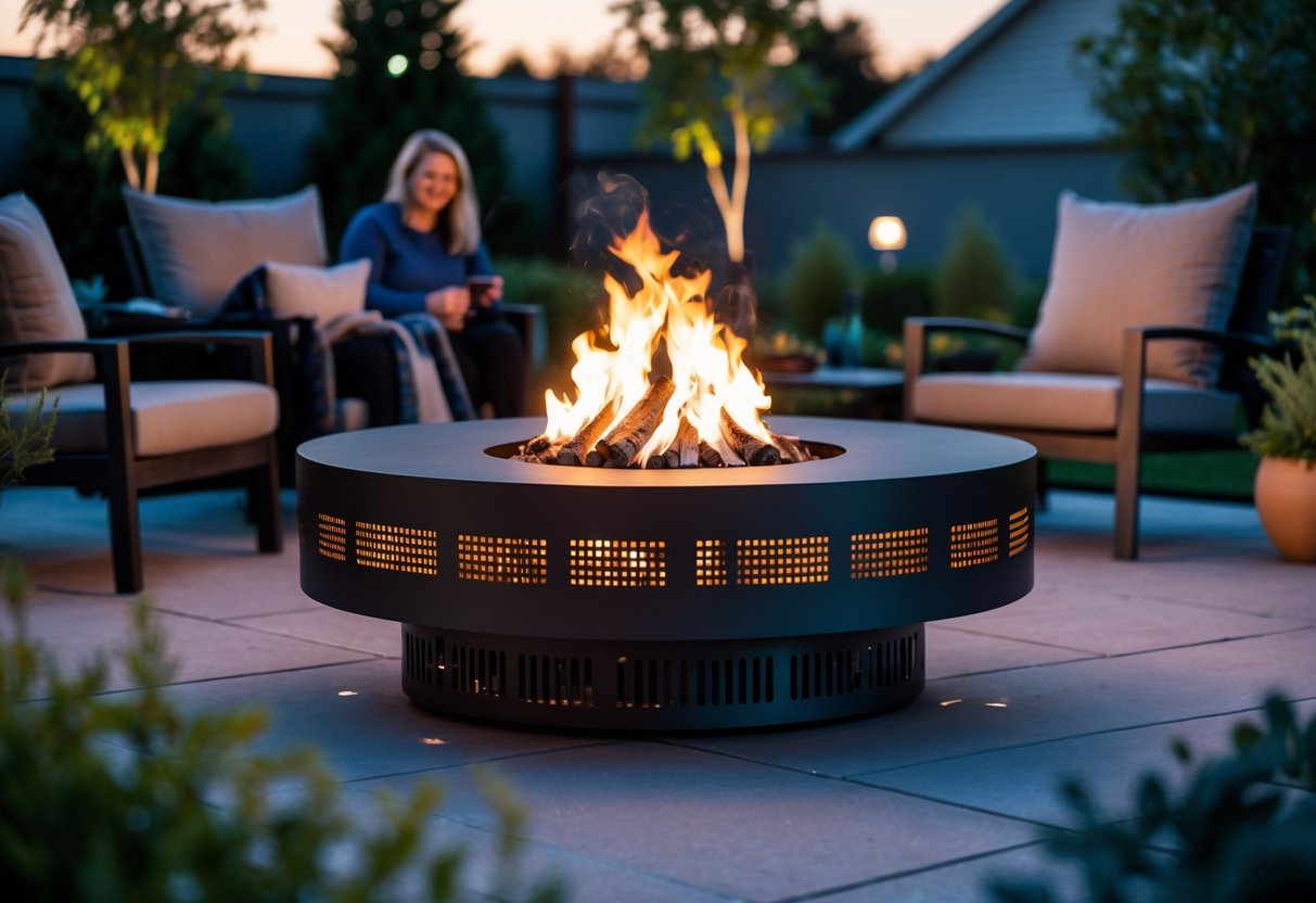 A group of people sitting around a modern smokeless fire pit burning with bright flames and no smoke in a backyard at dusk.