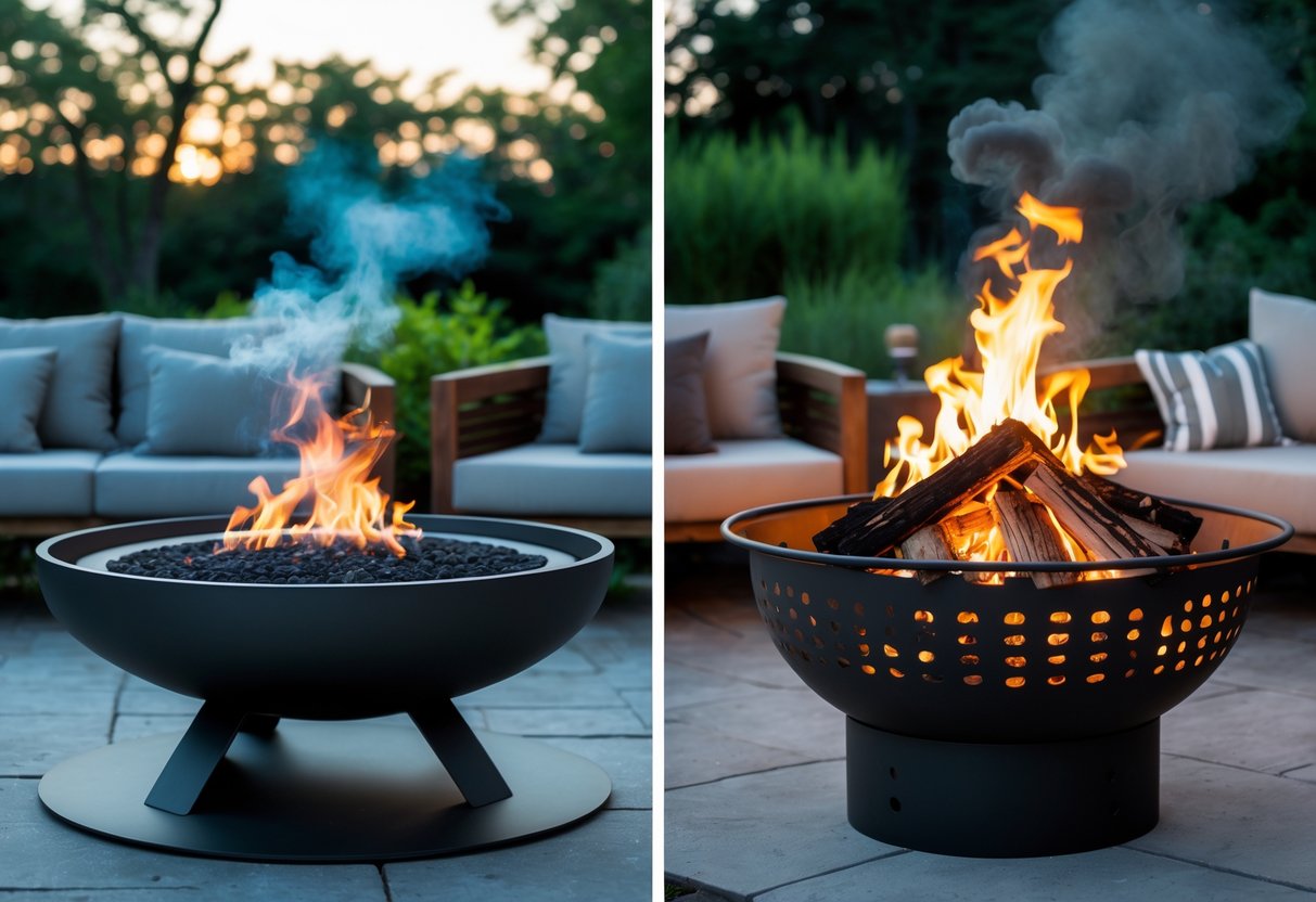 Two outdoor fire pits side by side in a backyard, one with little smoke and modern design, the other with visible smoke and traditional design.
