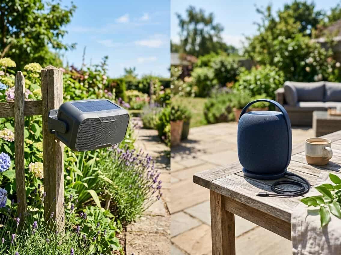 Two outdoor speakers side by side in a sunny garden setting, one with solar panels and the other on a patio table with a charging cable nearby.