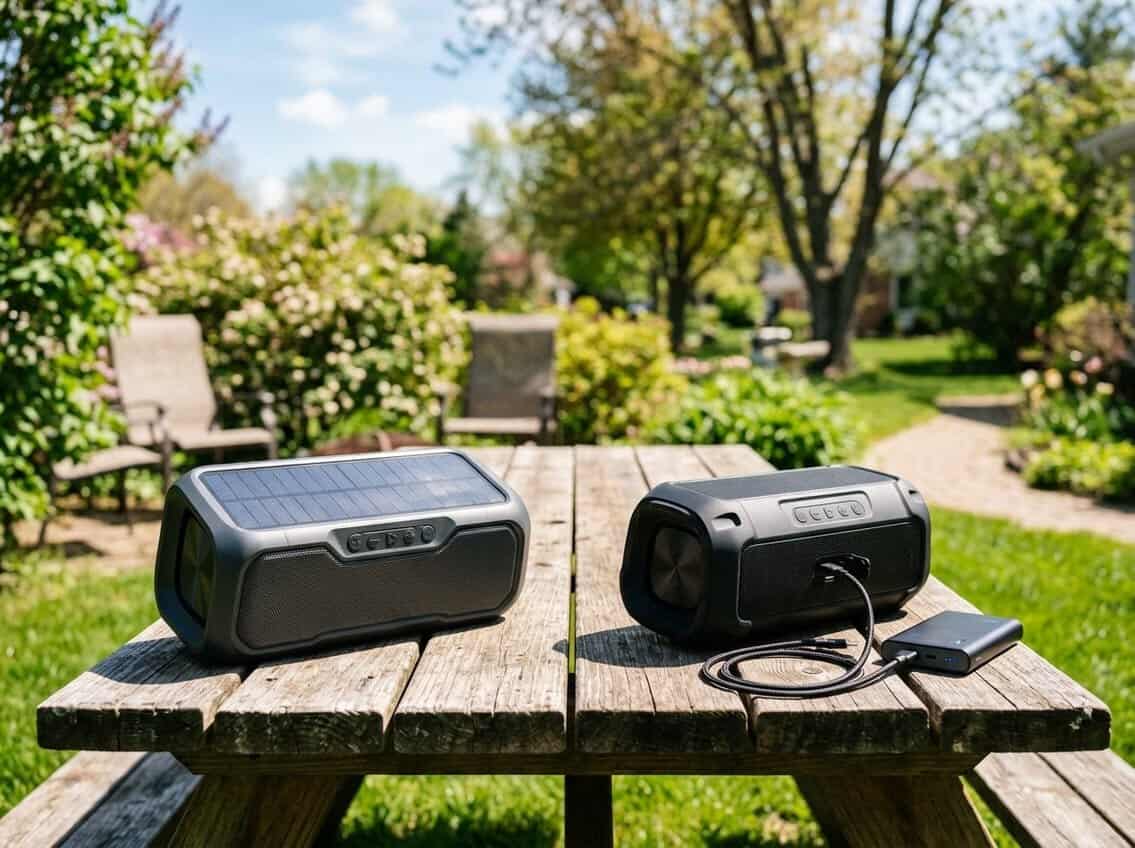 Two outdoor speakers displayed on a picnic table in a sunny park, one with solar panels and the other with charging accessories nearby.