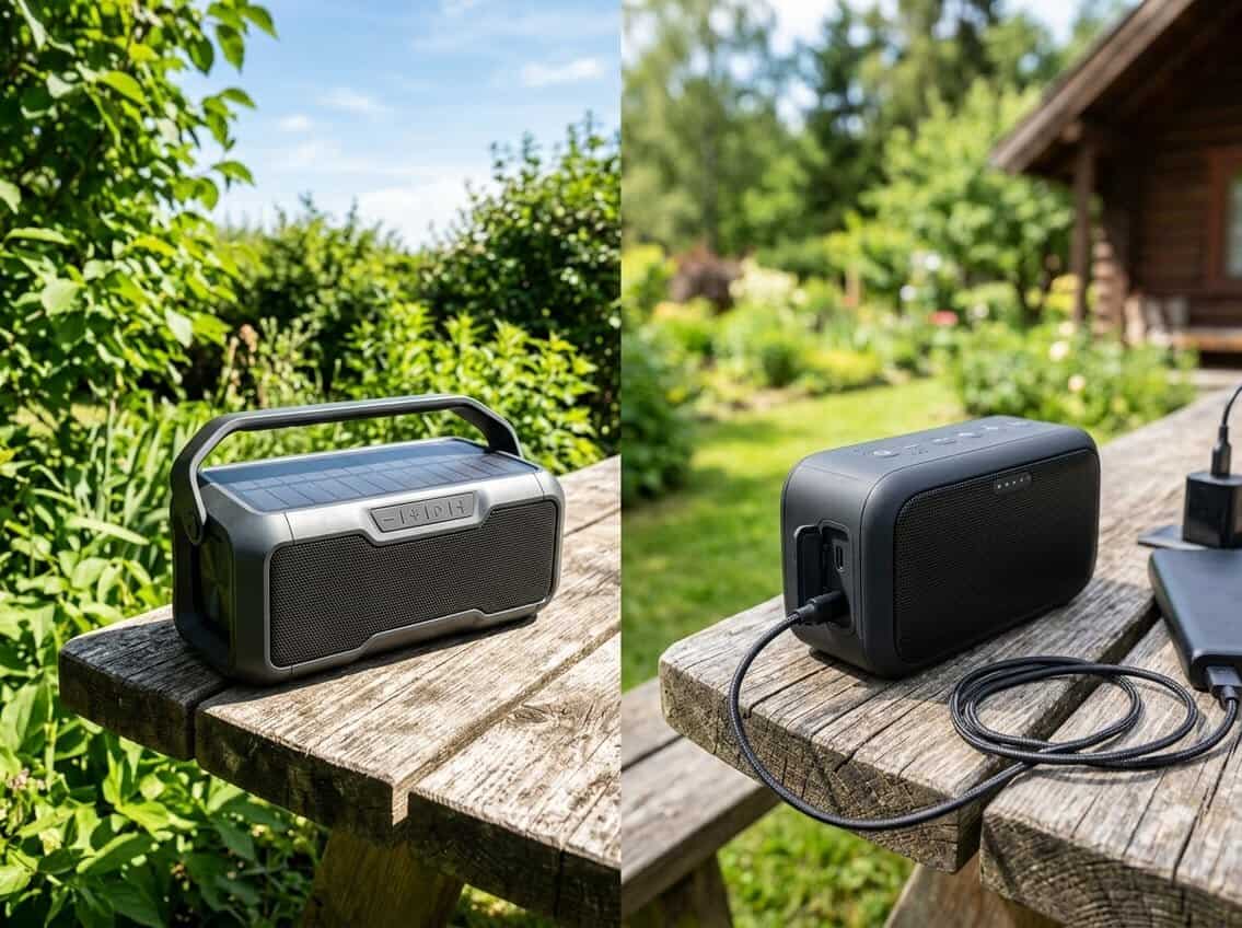 Two outdoor speakers side by side outdoors, one with solar panels in sunlight and the other with a charging port on a picnic table.