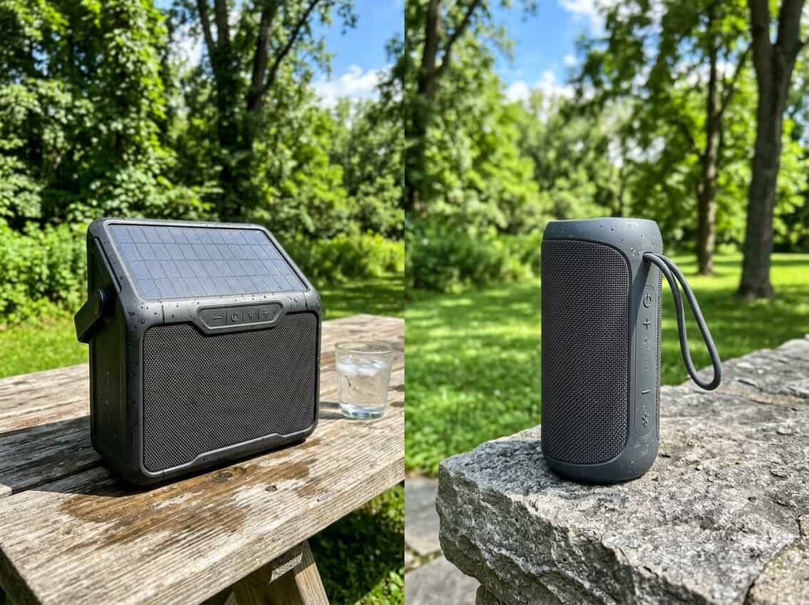 Two outdoor speakers, one solar-powered and one rechargeable, placed outdoors on a picnic table and stone surface in a park setting with trees and blue sky.