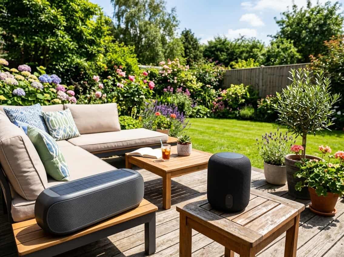 A sunny backyard patio and garden with two outdoor speakers, one solar-powered and one rechargeable, surrounded by plants and outdoor furniture.