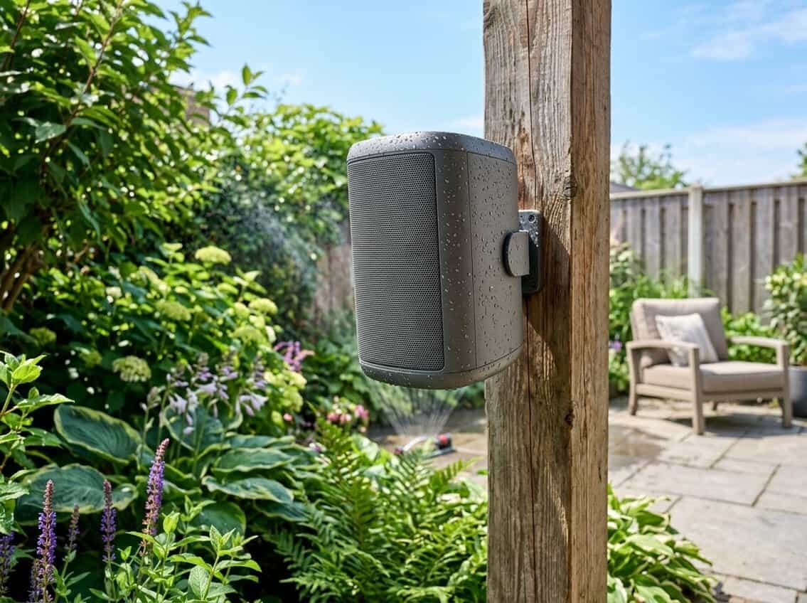An outdoor speaker mounted on a wooden post in a garden with green plants and water droplets on its surface, showing it is weather-resistant.