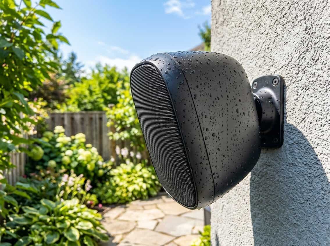 Close-up of an outdoor speaker mounted on a patio wall with water droplets, surrounded by a garden and clear sky.