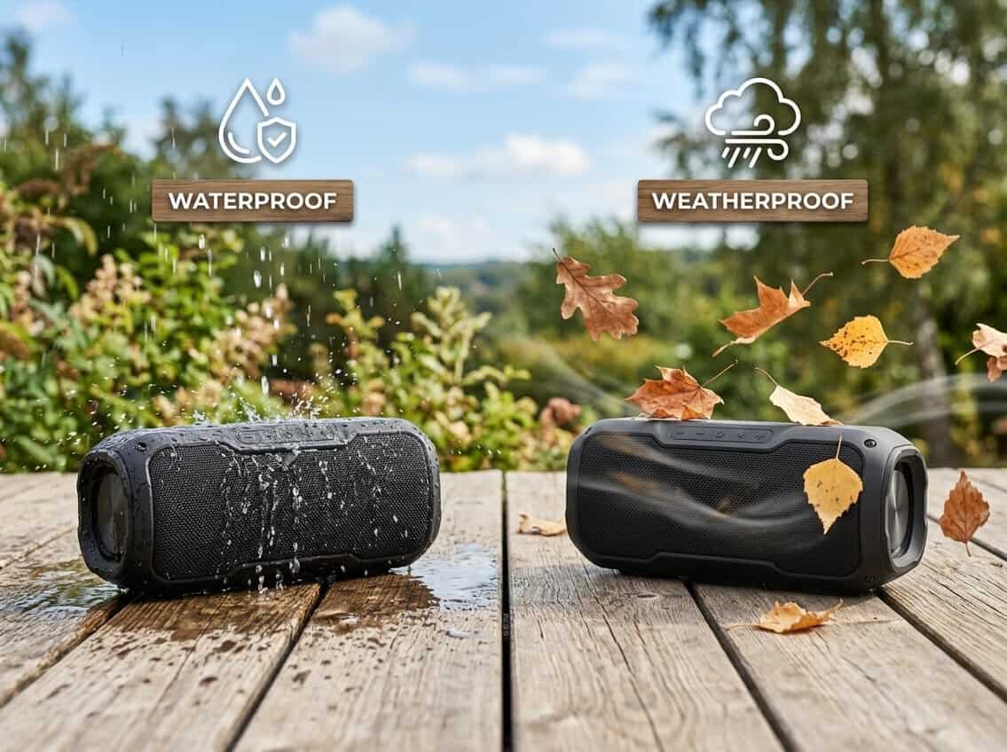 Two modern outdoor speakers placed side by side on a wooden surface with water droplets on one and leaves blowing around the other, set in a natural outdoor environment.