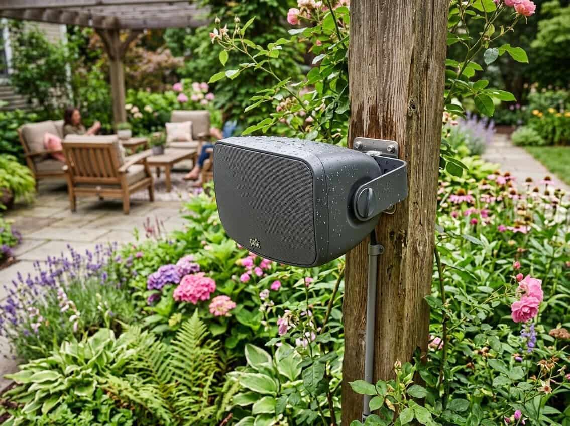 An outdoor speaker mounted on a wooden post surrounded by green plants and flowers in a garden setting.