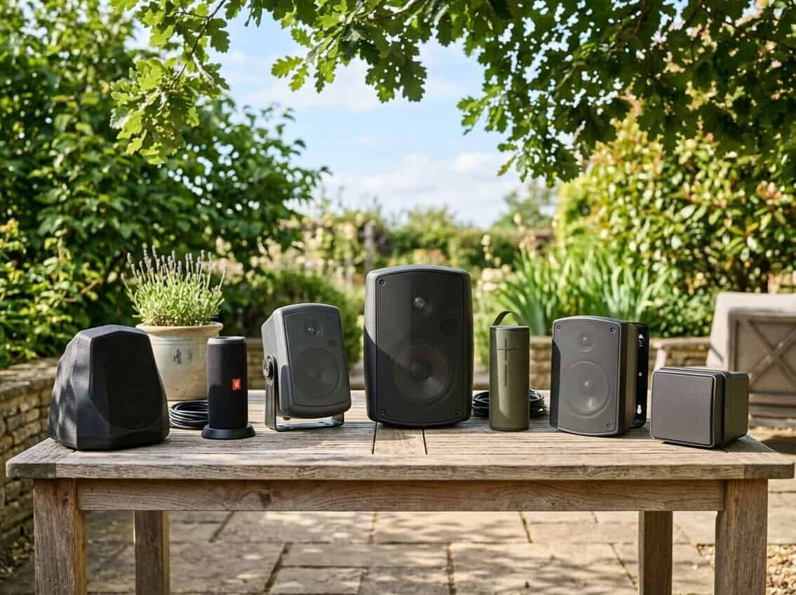 Various outdoor speakers displayed on a wooden table in a sunny garden setting surrounded by greenery.