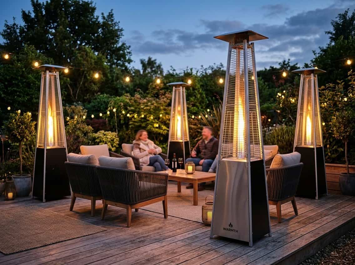 Outdoor patio with multiple patio heaters glowing warmly around comfortable seating and greenery in the evening.