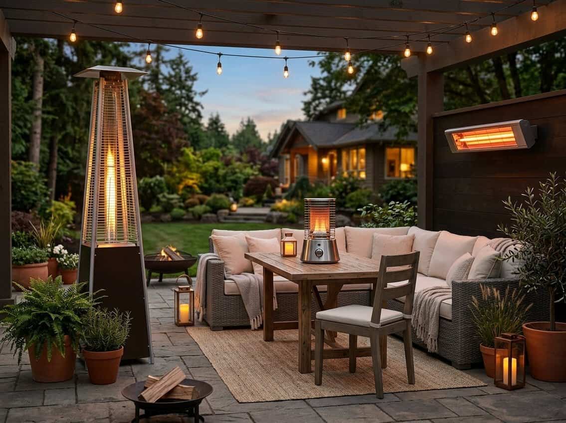 Outdoor patio with several types of patio heaters including standing, wall-mounted, and tabletop heaters surrounded by seating and plants at dusk.