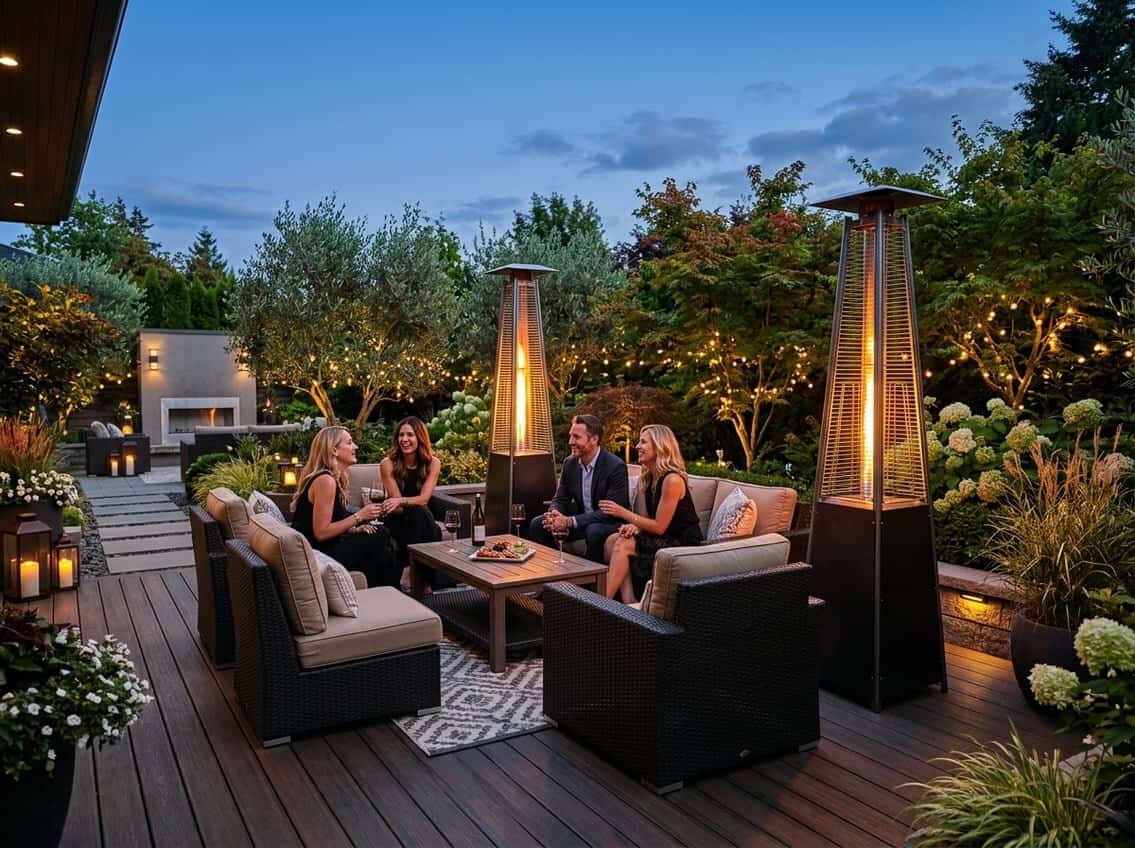An outdoor patio with comfortable seating and tall patio heaters glowing warmly in a garden setting at twilight.