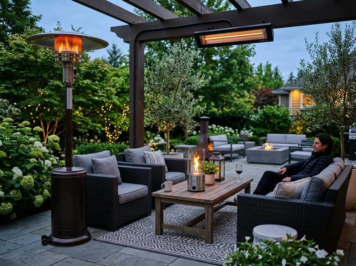 An outdoor patio with various types of patio heaters including standing, wall-mounted, and tabletop models surrounded by outdoor furniture and greenery.