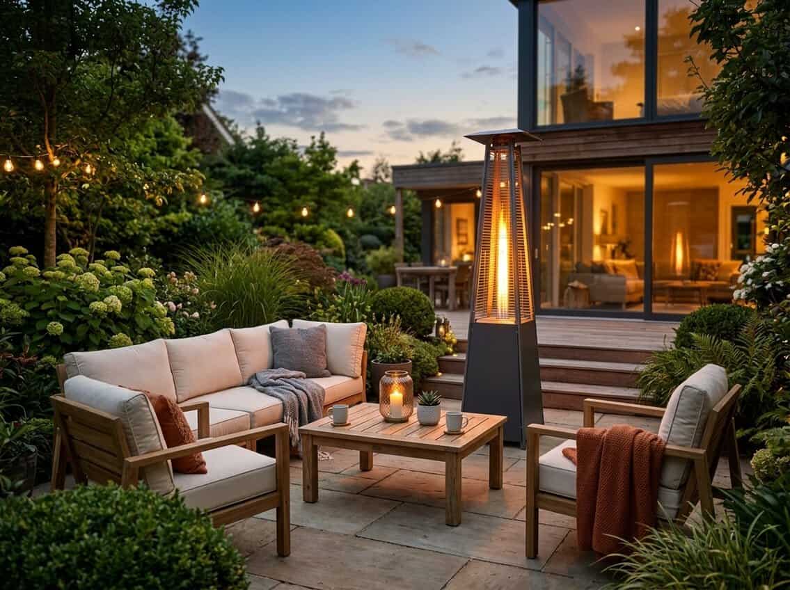An outdoor patio with a modern patio heater glowing warmly near comfortable seating and greenery at dusk.