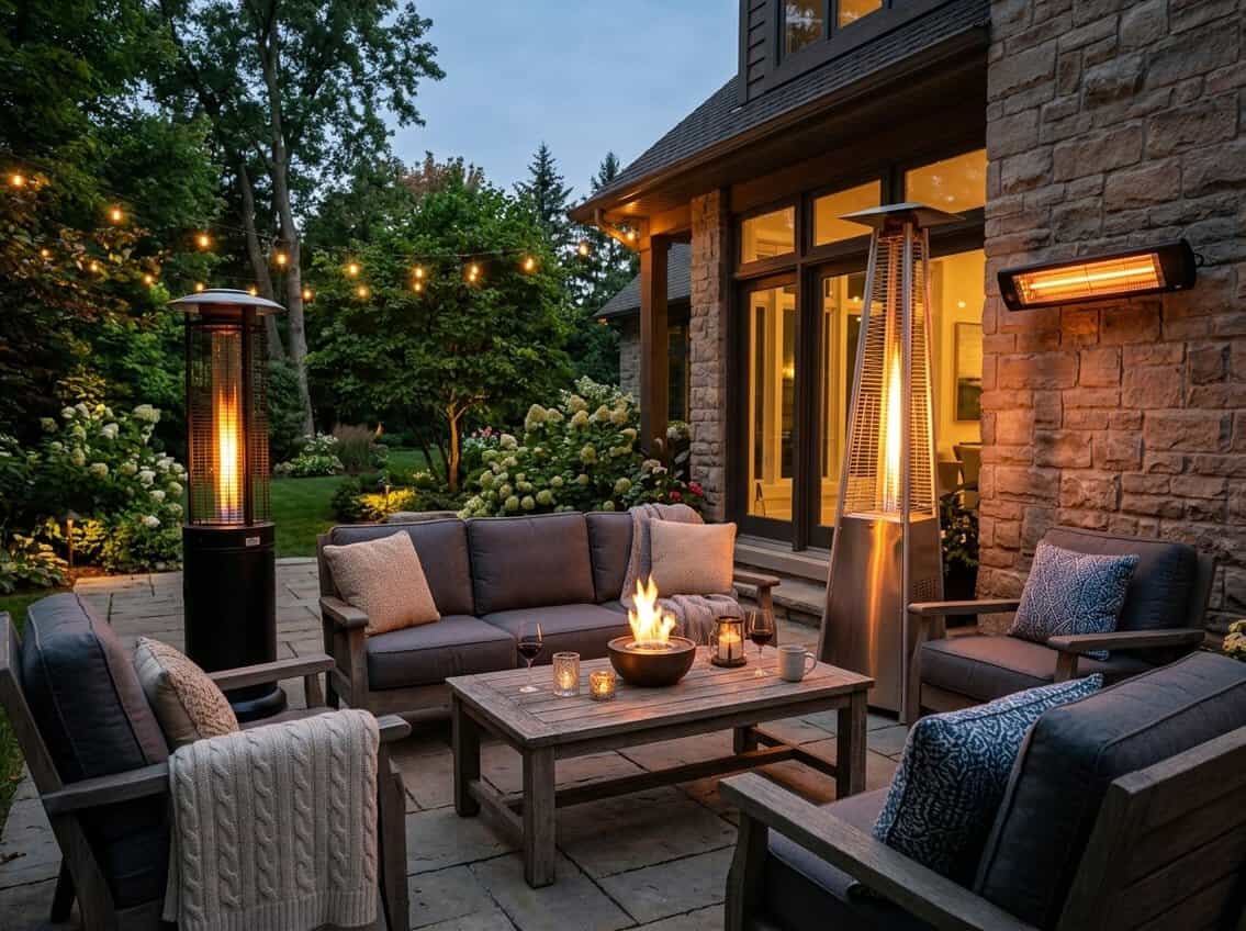 Outdoor patio at dusk with several patio heaters warming a cozy seating area surrounded by plants.