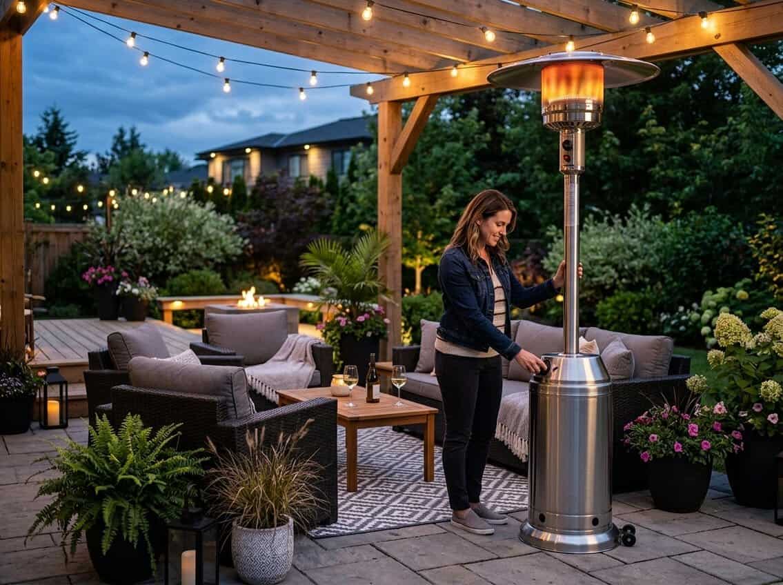 A person adjusting a patio heater in a well-maintained outdoor patio with chairs, plants, and soft lighting.