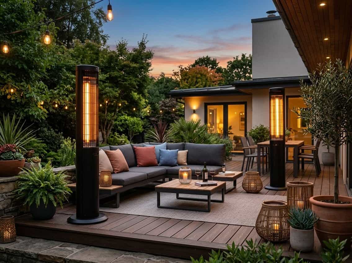 An outdoor patio with electric heaters glowing warmly around seating areas surrounded by plants during early evening.