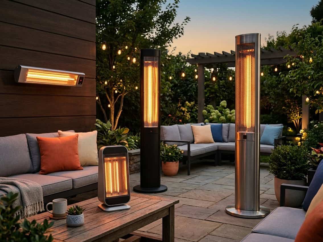 Various electric outdoor patio heaters glowing warmly in a backyard patio with seating and plants at dusk.