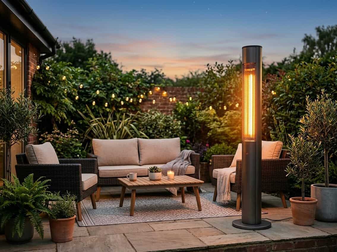 An outdoor patio with a modern electric patio heater glowing warmly near comfortable seating and plants at sunset.