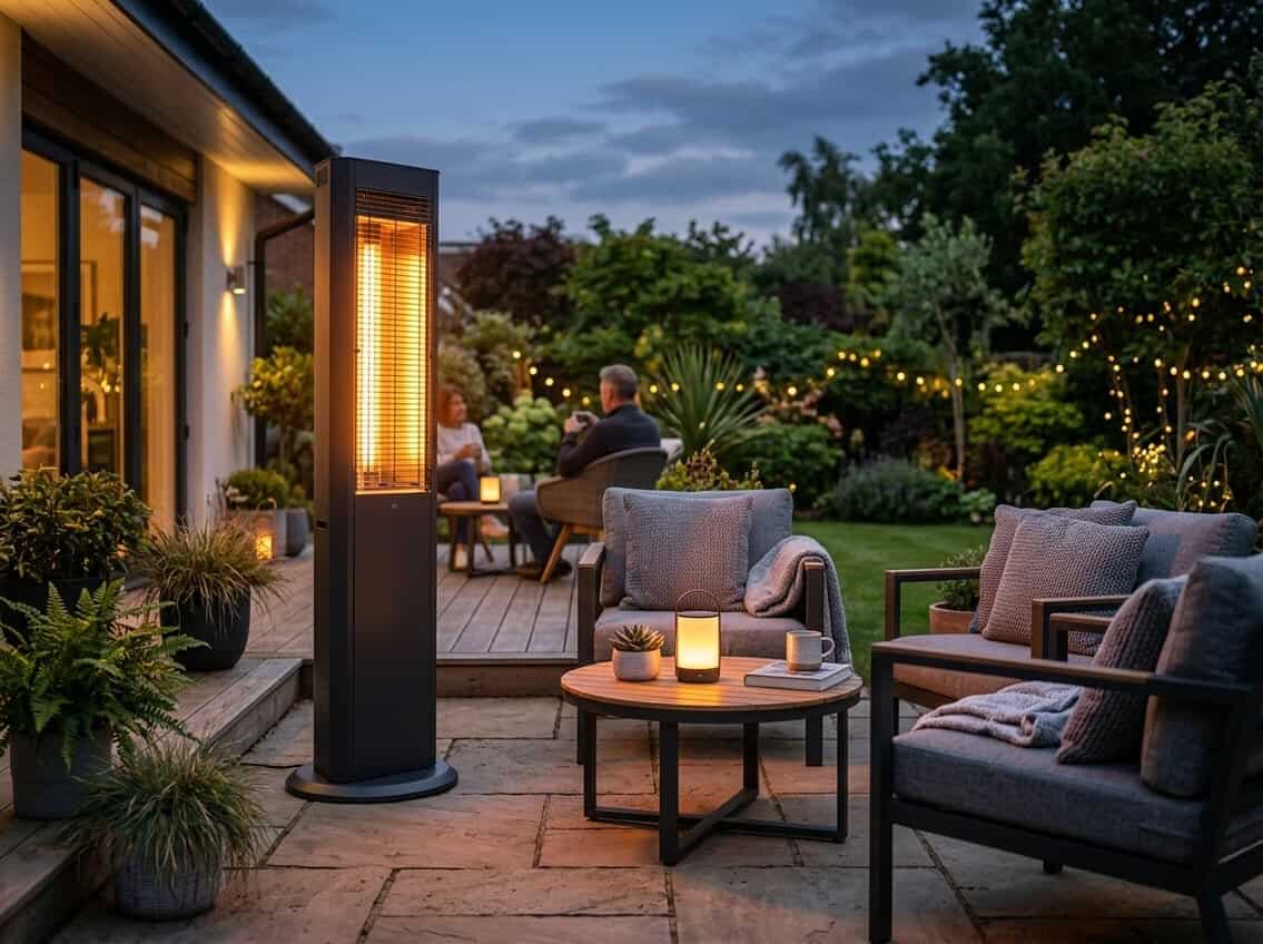 An outdoor patio with a modern electric heater glowing warmly near comfortable chairs and a small table surrounded by garden greenery at dusk.