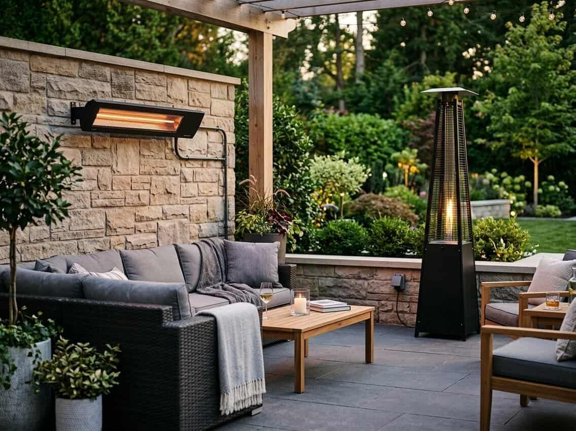 Outdoor patio with electric patio heaters installed around seating area in a garden setting during early evening.