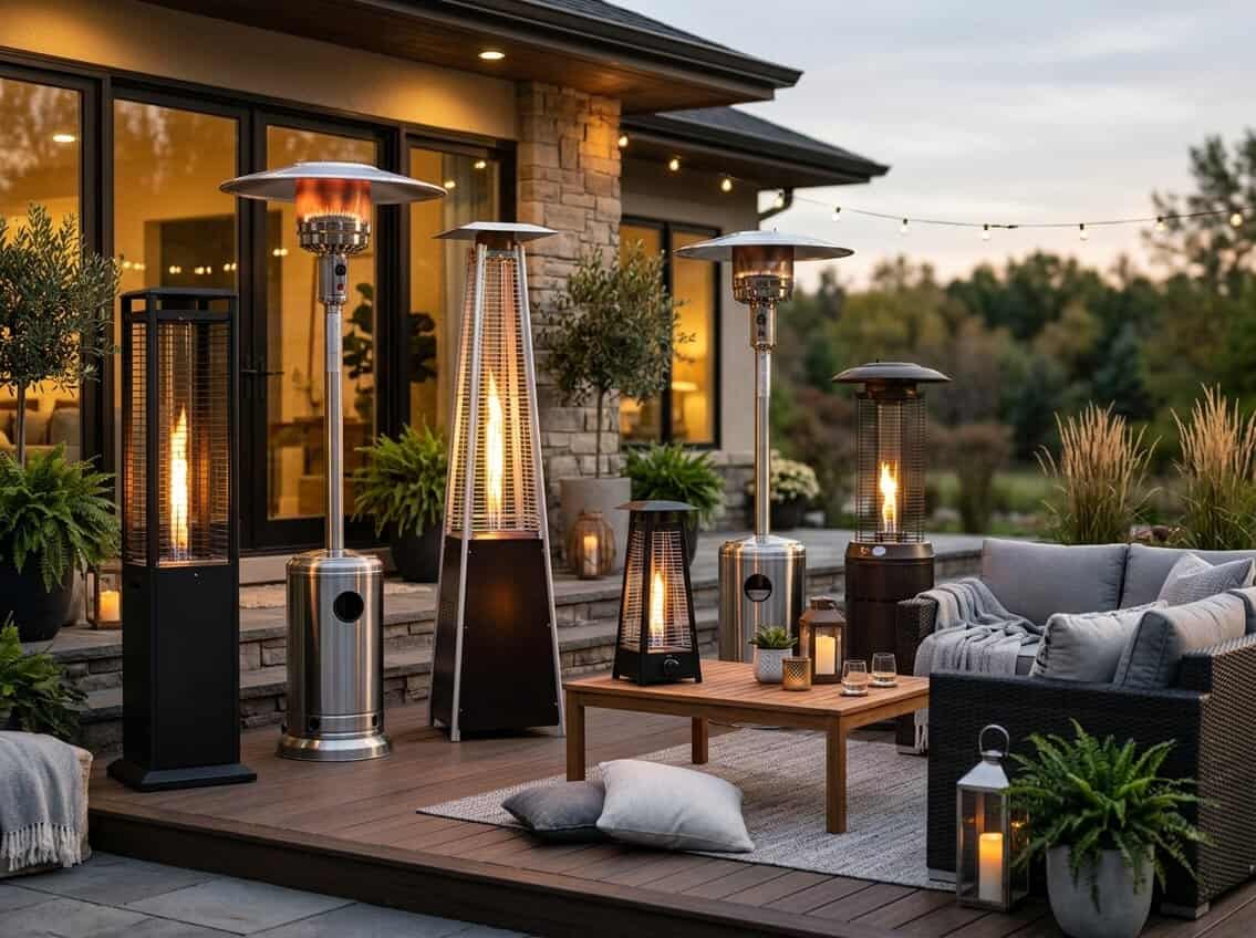 An outdoor patio with various propane patio heaters turned on, surrounded by outdoor furniture and plants.
