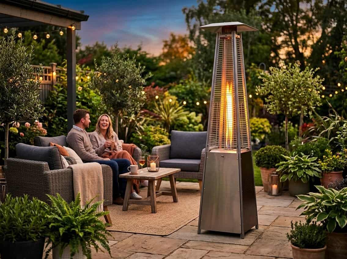 An outdoor patio with a propane heater glowing warmly next to comfortable seating and greenery at dusk.