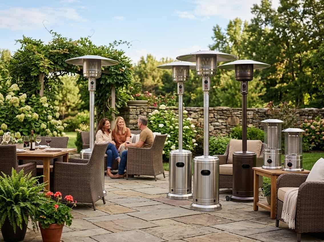 An outdoor patio with different types of propane patio heaters displayed among chairs and a table surrounded by plants.