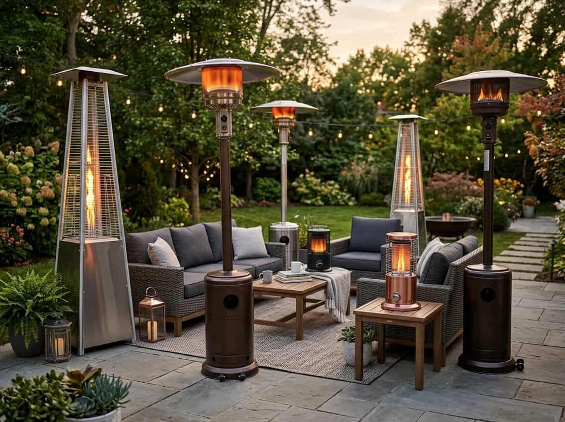 Several propane patio heaters displayed outdoors on a patio with seating and plants in the background.