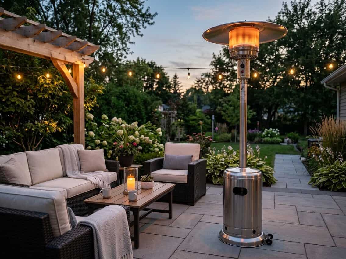 Outdoor patio at dusk with a propane heater glowing warmly near comfortable seating and plants.