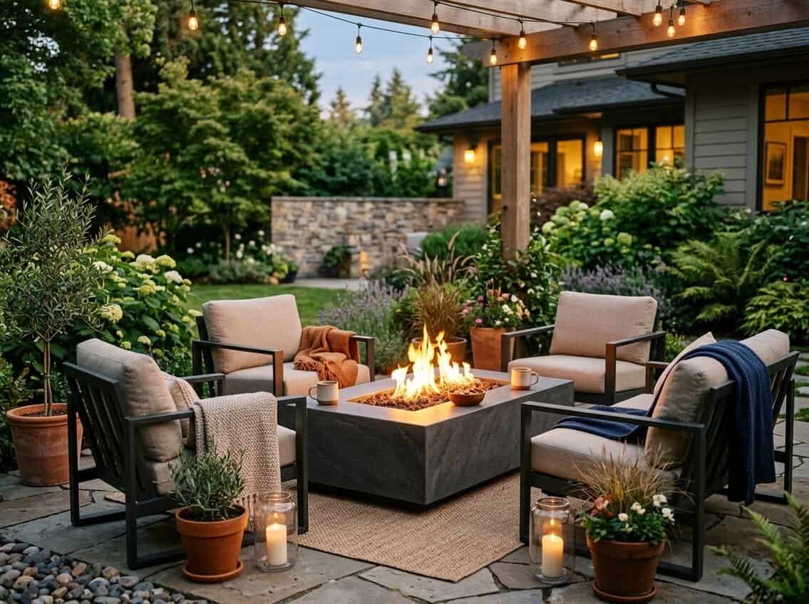 Outdoor patio with a modern fire pit table surrounded by chairs, lit by a warm fire in early evening.