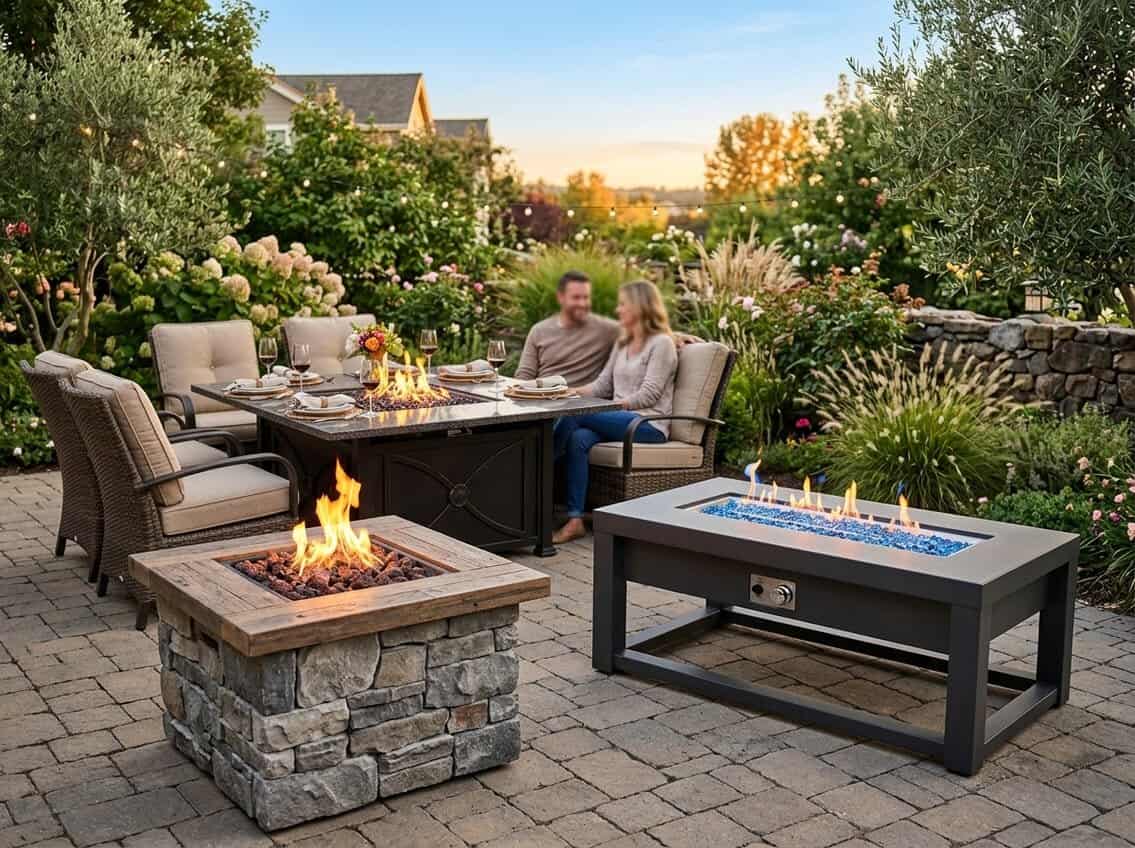 Three different fire pit tables displayed outdoors in a backyard with greenery and chairs around a dining fire pit table.