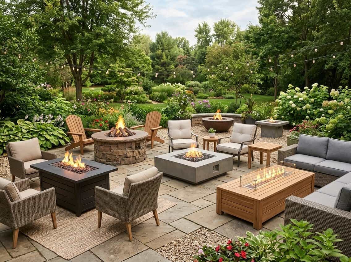 An outdoor patio displaying several fire pit tables of different sizes and shapes surrounded by seating and greenery.