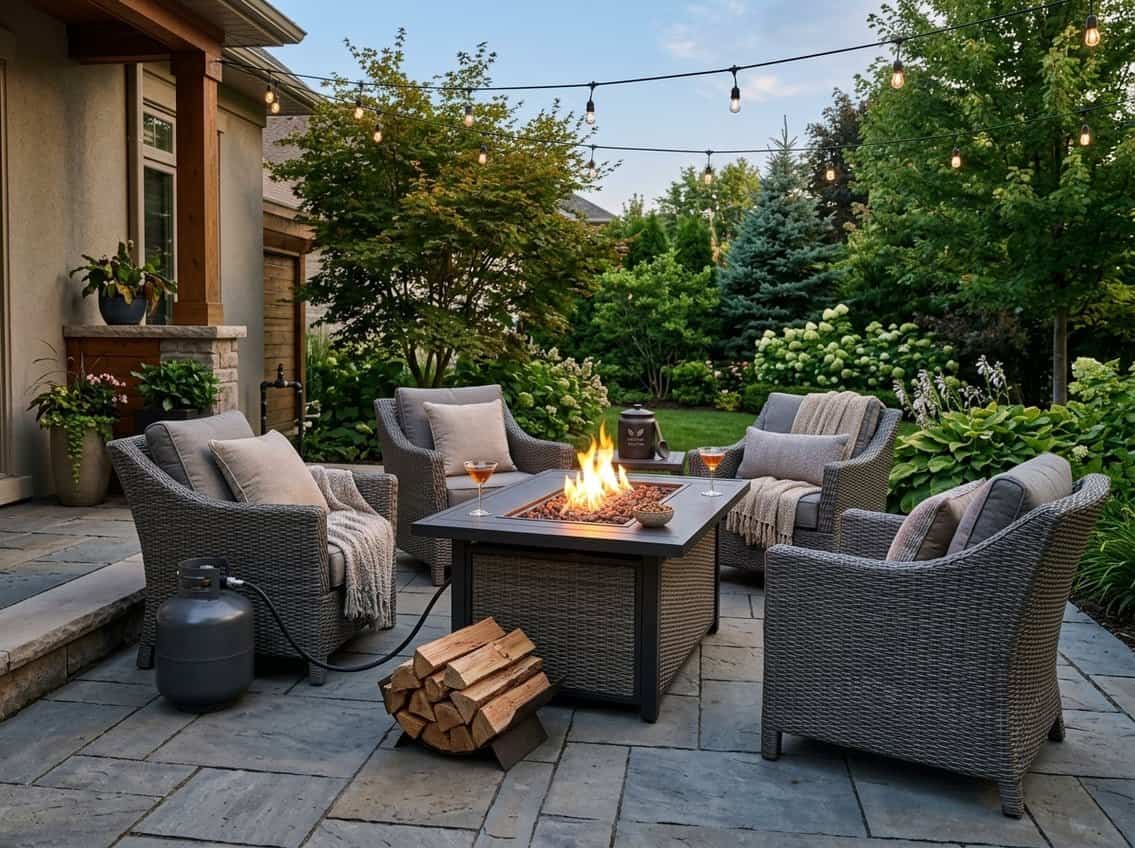 Outdoor fire pit table lit with a warm flame surrounded by patio furniture and elements representing propane, natural gas, wood, and alternative fuels.