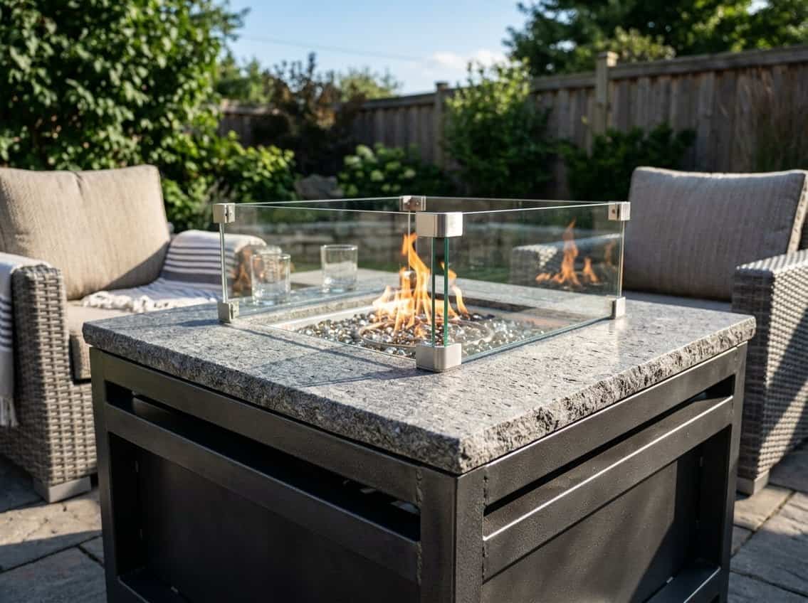 Close-up of a modern outdoor fire pit table made of metal, stone, and glass with a flame burning inside, set on a patio with seating and greenery in the background.
