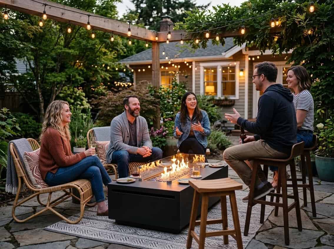 People gathered outdoors around a lit fire pit table with chairs and stools of different heights in a backyard setting.