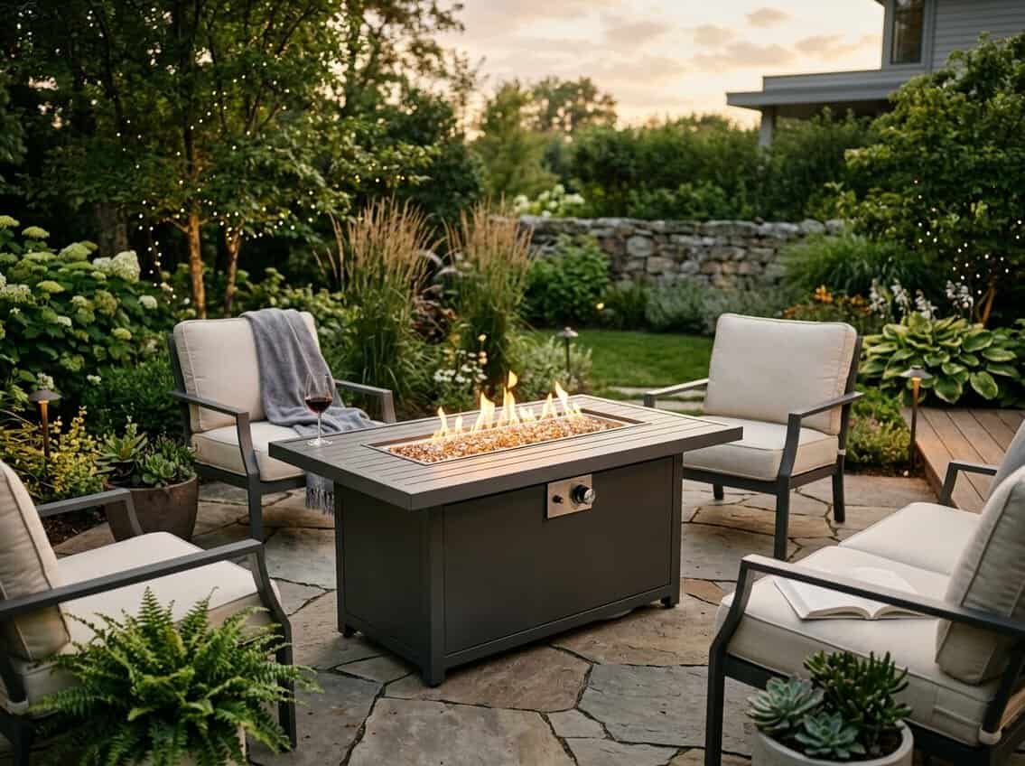 Outdoor patio with a fire pit table surrounded by chairs and fire pit accessories, set in a garden during early evening.