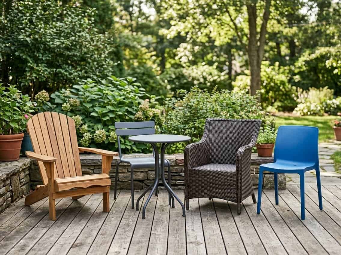 Outdoor furniture pieces made from teak wood, aluminum, synthetic rattan wicker, and molded plastic arranged side by side on a wooden deck with greenery in the background.