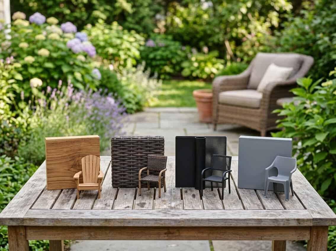 Various outdoor furniture materials displayed on a wooden table in a garden setting with greenery in the background.