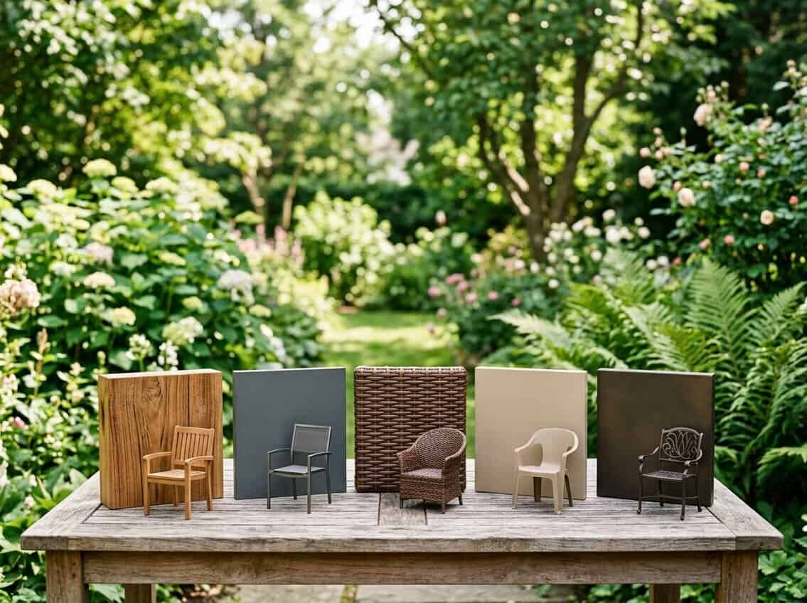 Various outdoor furniture material samples displayed on a wooden table in a garden setting.