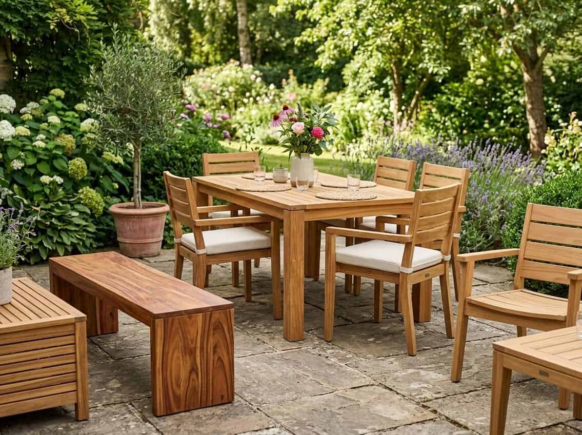 Outdoor patio with wooden furniture made from teak and other hardwoods surrounded by greenery.