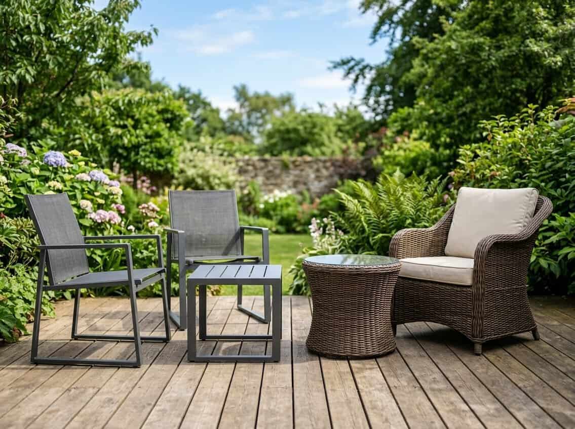 Outdoor patio featuring aluminum furniture on one side and wicker furniture on the other, set on a wooden deck with greenery in the background.