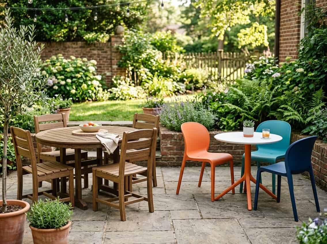 Outdoor patio with a table surrounded by polywood and modern plastic chairs set in a garden.