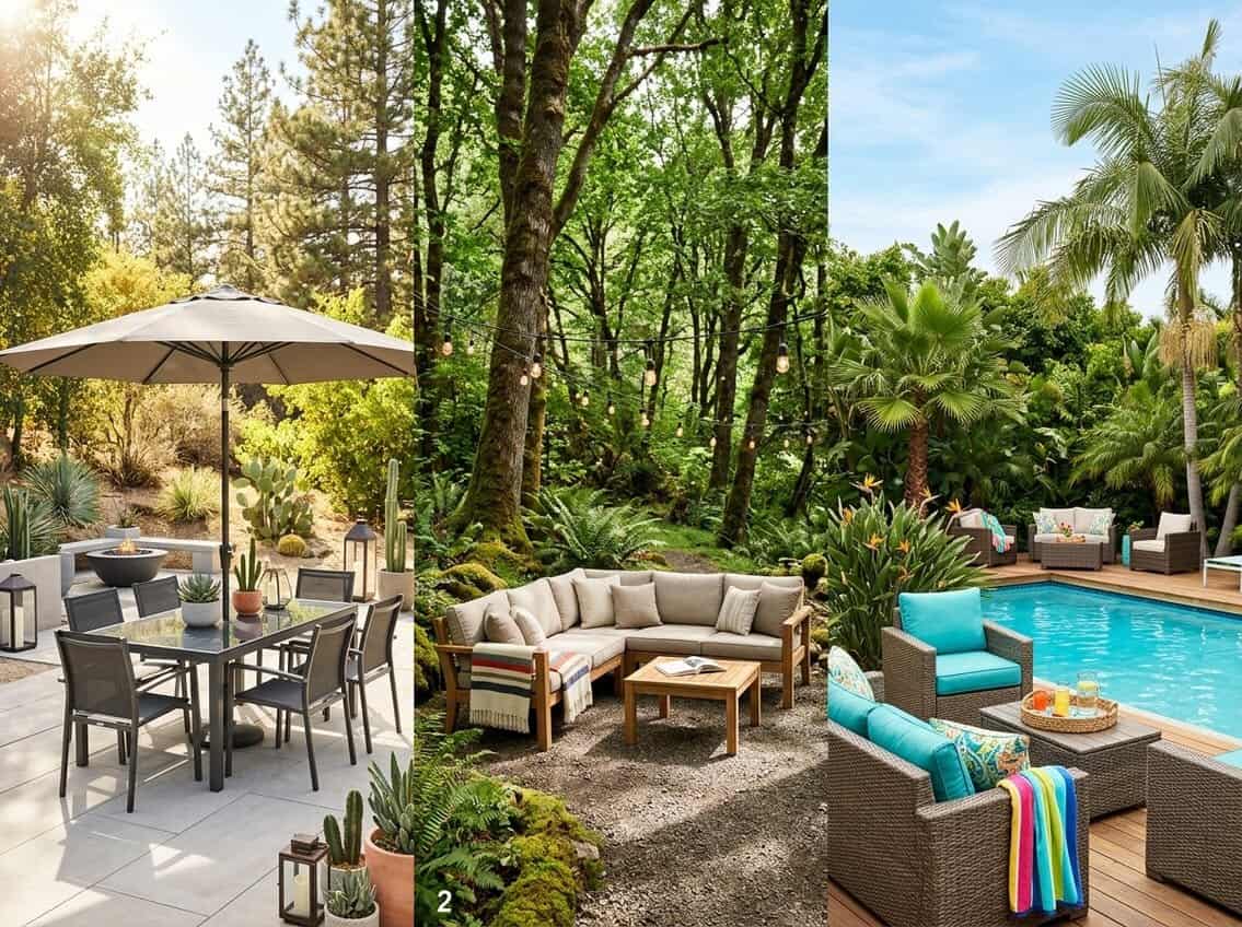 Three outdoor seating areas featuring metal and glass, wooden, and synthetic wicker furniture arranged in different natural settings representing warm, temperate, and tropical climates.