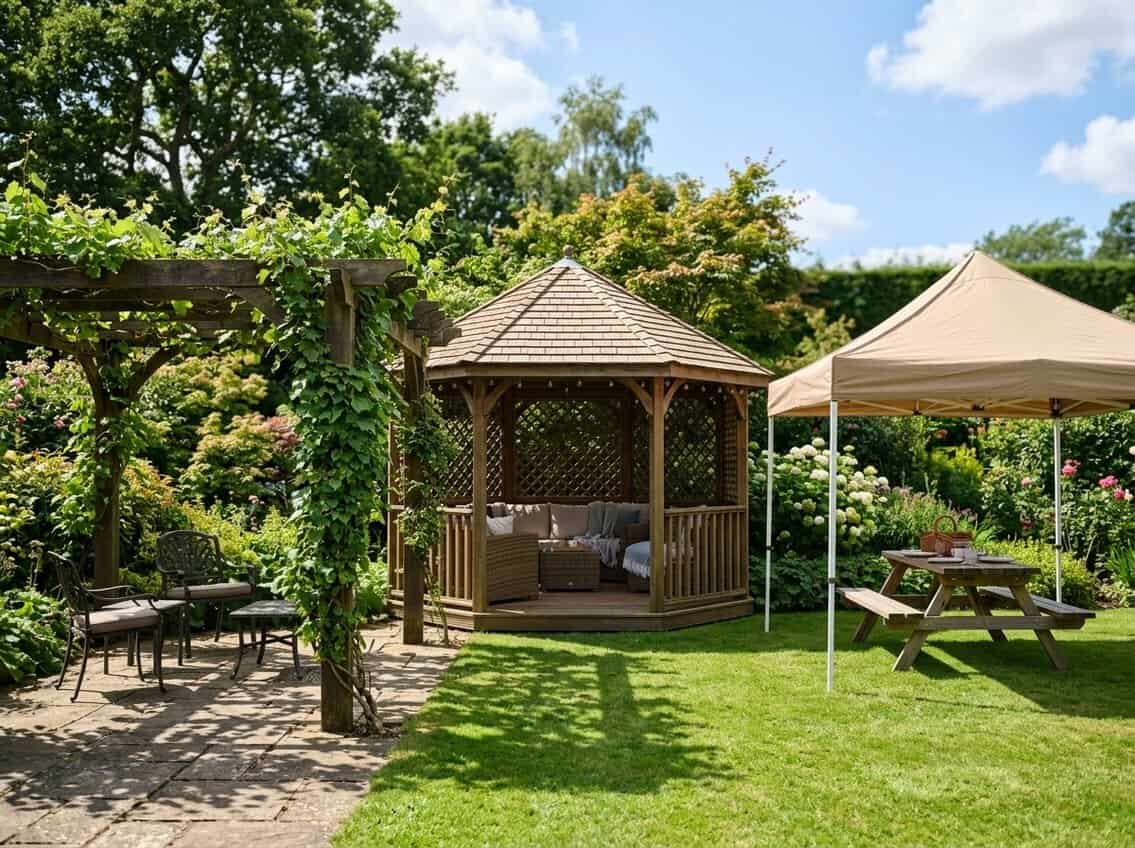 An outdoor garden scene showing a wooden pergola with climbing plants, a covered gazebo with furniture, and a fabric canopy shading a picnic table.