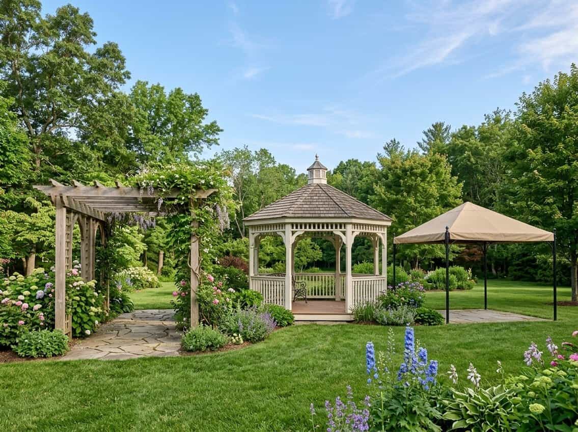 Three different outdoor garden structures: a pergola, a gazebo, and a canopy, shown side by side in a green garden under a clear sky.