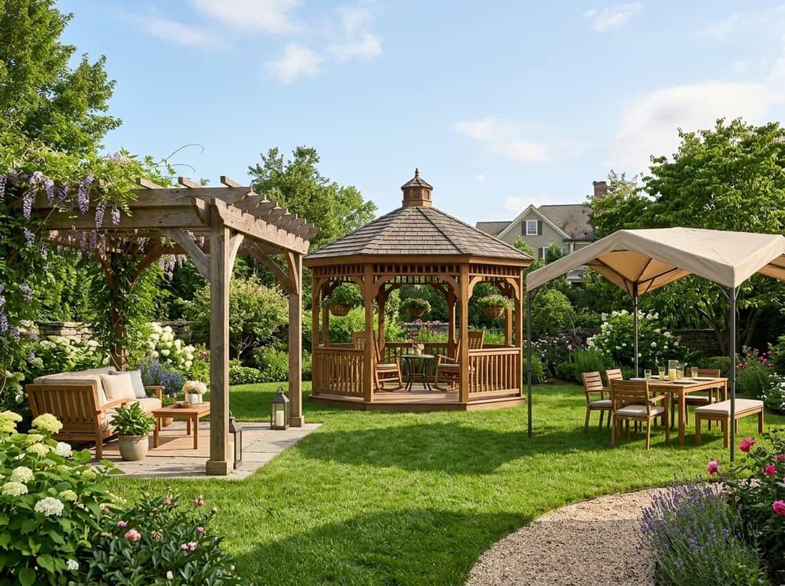 Three outdoor structures side by side: a wooden pergola with partial shade, a gazebo with a solid roof providing full shade, and a fabric canopy, all set in a garden with grass and plants.