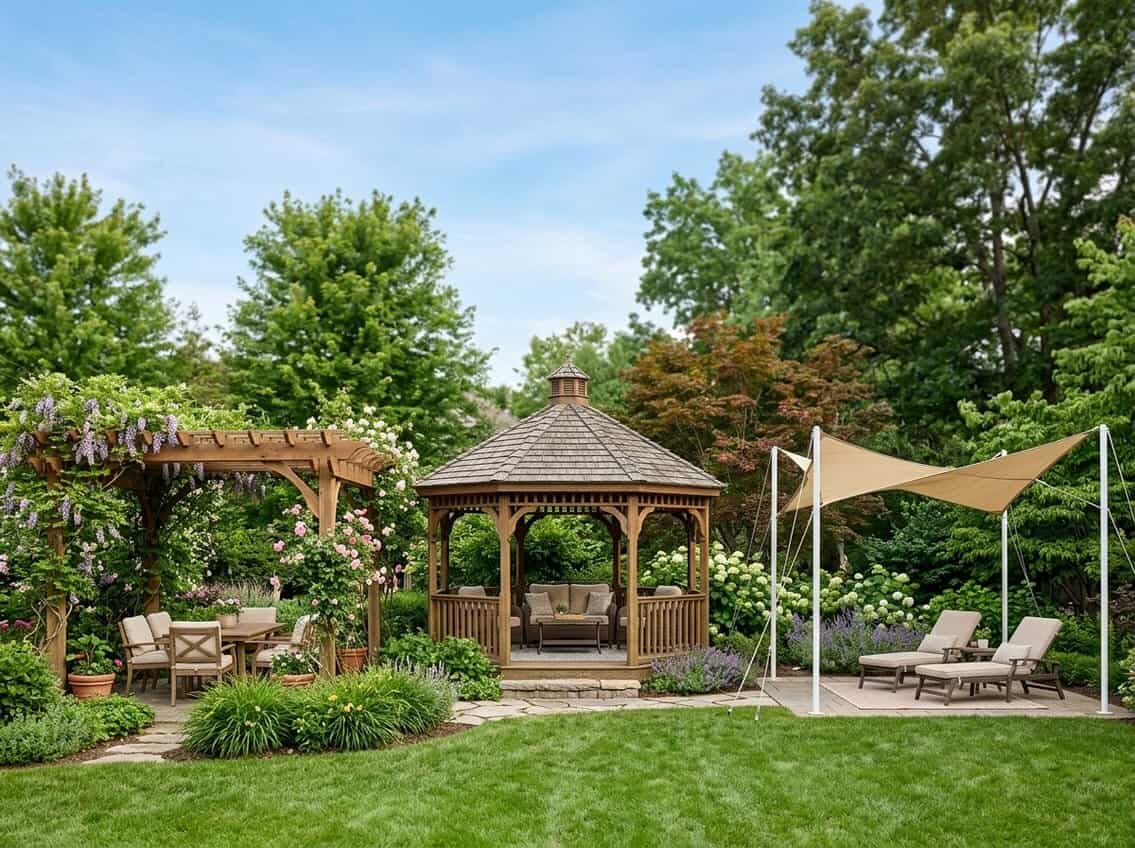 Backyard showing a wooden pergola, a gazebo, and a fabric canopy side by side with outdoor furniture and greenery.