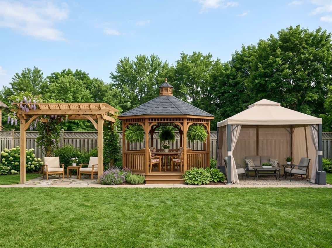 Three different outdoor structures side by side in a backyard: a wooden pergola, a gazebo, and a fabric canopy, each with seating underneath.