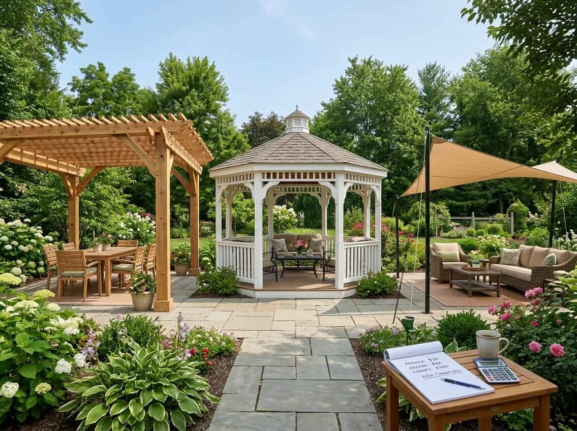 Outdoor backyard with a wooden pergola, a gazebo, and a fabric canopy side by side, each providing shaded seating areas surrounded by greenery.
