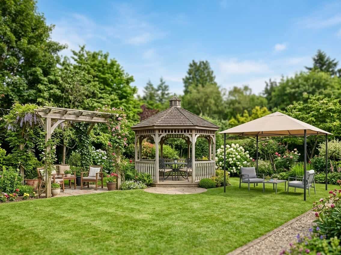 A backyard with a wooden pergola, a gazebo, and a canopy arranged side by side on a green lawn surrounded by plants and trees.